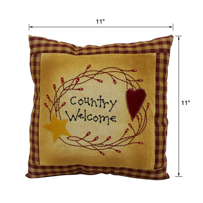 CVHOMEDECO. Primitives Country Welcome Embroidered Throw Pillow with Heart Star Berry Vine Farmhouse Accent. 11 x 11 Inch