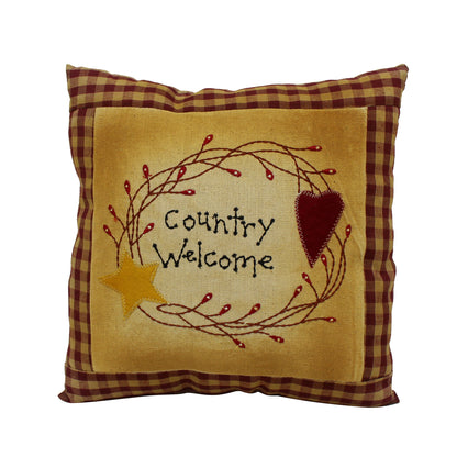 CVHOMEDECO. Primitives Country Welcome Embroidered Throw Pillow with Heart Star Berry Vine Farmhouse Accent. 11 x 11 Inch