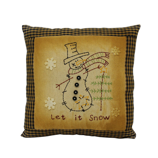 CVHOMEDECO. Primitives Let It Snow Embroidered Throw Pillow with Snowman Snowflake Tree Farmhouse Accent. 11 x 11 Inch