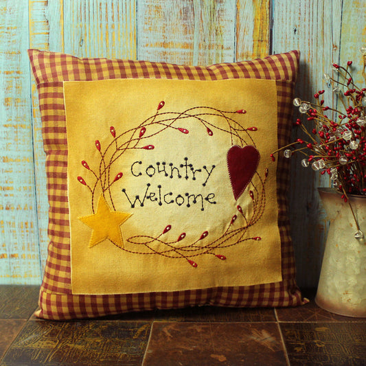 CVHOMEDECO. Primitives Country Welcome Embroidered Throw Pillow with Heart Star Berry Vine Farmhouse Accent. 16 x 16 Inch