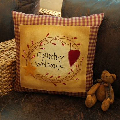 CVHOMEDECO. Primitives Country Welcome Embroidered Throw Pillow with Heart Star Berry Vine Farmhouse Accent. 16 x 16 Inch