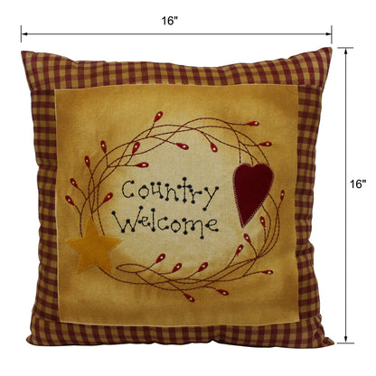 CVHOMEDECO. Primitives Country Welcome Embroidered Throw Pillow with Heart Star Berry Vine Farmhouse Accent. 16 x 16 Inch