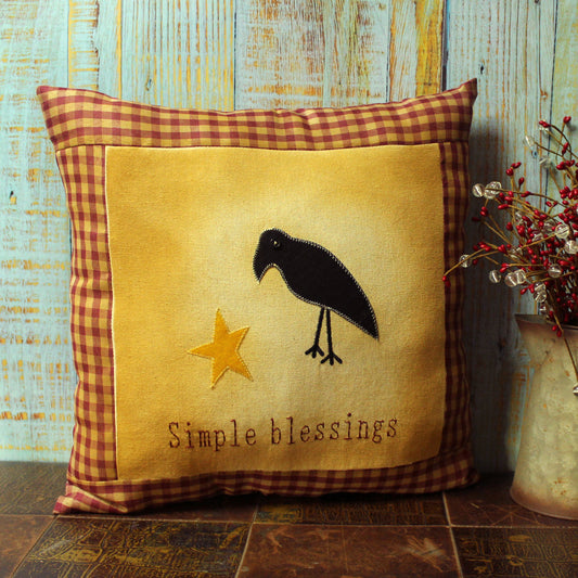 CVHOMEDECO. Primitives Simple Blessings Embroidered Throw Pillow with Crow Star Farmhouse Accent. 16 x 16 Inch