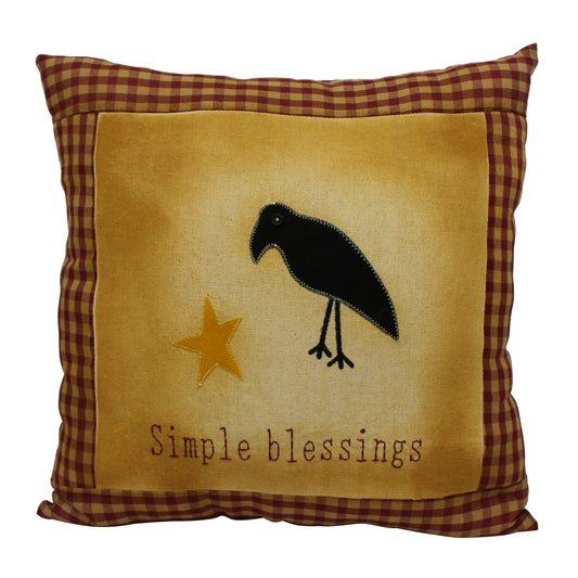 CVHOMEDECO. Primitives Simple Blessings Embroidered Throw Pillow with Crow Star Farmhouse Accent. 16 x 16 Inch