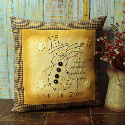 CVHOMEDECO. Primitives Let It Snow Embroidered Throw Pillow with Snowman Snowflake Tree Farmhouse Accent. 16 x 16 Inch