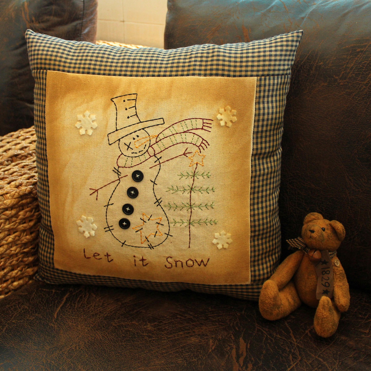 CVHOMEDECO. Primitives Let It Snow Embroidered Throw Pillow with Snowman Snowflake Tree Farmhouse Accent. 16 x 16 Inch