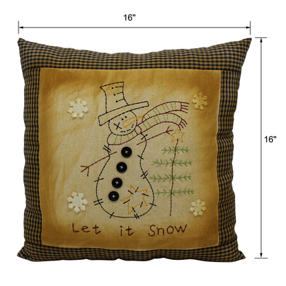 CVHOMEDECO. Primitives Let It Snow Embroidered Throw Pillow with Snowman Snowflake Tree Farmhouse Accent. 16 x 16 Inch