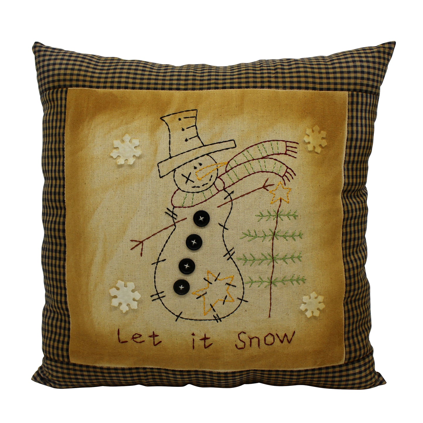 CVHOMEDECO. Primitives Let It Snow Embroidered Throw Pillow with Snowman Snowflake Tree Farmhouse Accent. 16 x 16 Inch