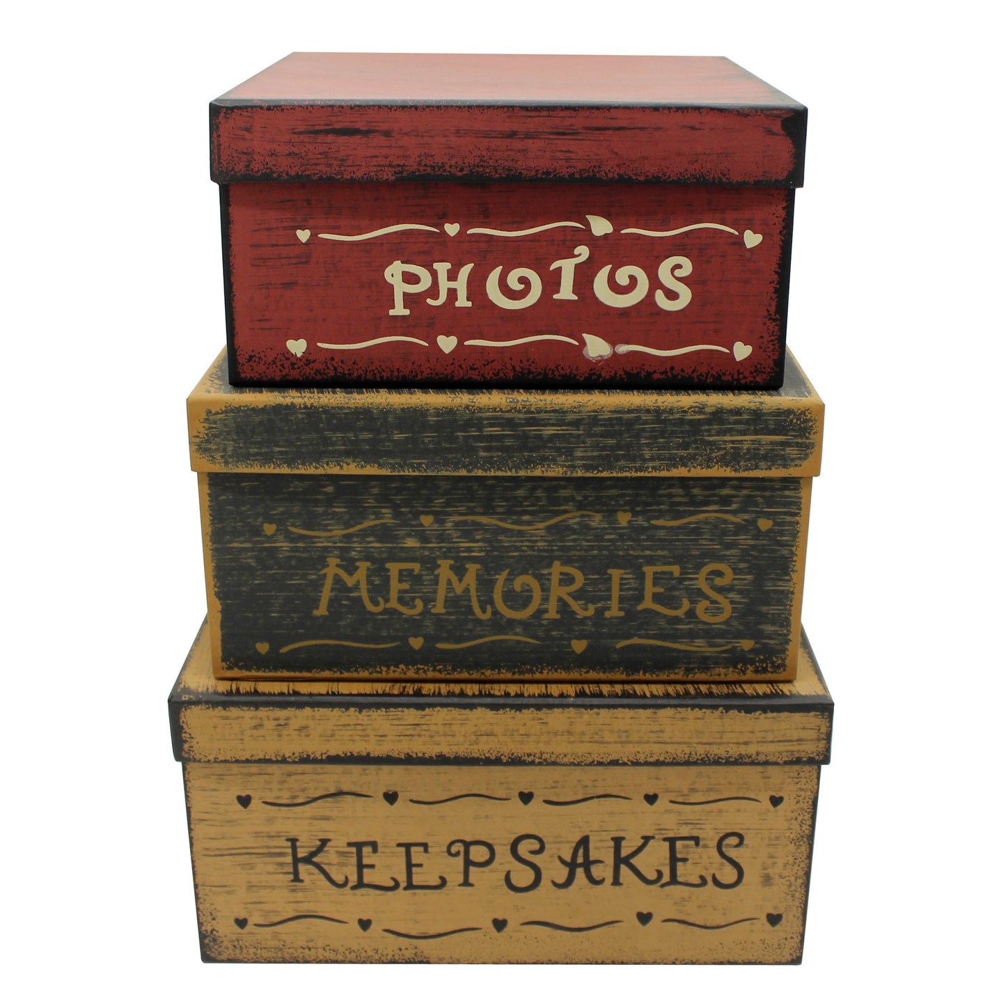 CVHOMEDECO. Primitive Vintage Square Photos, Memories, Keepsakes Cardboard Nesting Boxes, Large 11 X 11 X 5.5 Inch. Set of 3.
