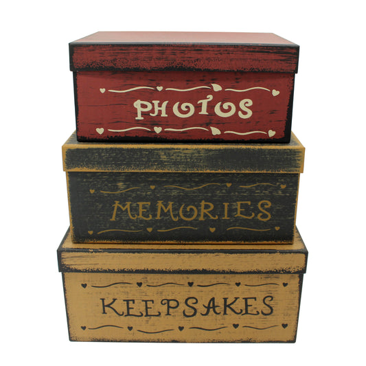 CVHOMEDECO. Primitive Vintage Rectangular Photos, Memories, Keepsakes Cardboard Nesting Boxes, Large 12 X 9 X 5.5 Inch. Set of 3.