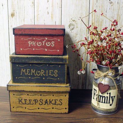 CVHOMEDECO. Primitives Antique Square Photos, Memories, Keepsakes Cardboard Nesting Boxes, Large 9 x 9 x 4.6 Inch. Set of 3.