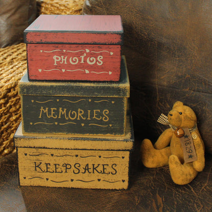 CVHOMEDECO. Primitives Antique Square Photos, Memories, Keepsakes Cardboard Nesting Boxes, Large 9 x 9 x 4.6 Inch. Set of 3.