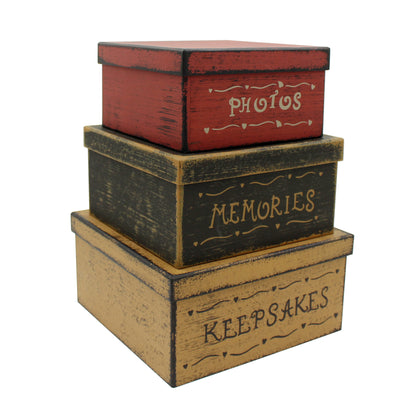 CVHOMEDECO. Primitives Antique Square Photos, Memories, Keepsakes Cardboard Nesting Boxes, Large 9 x 9 x 4.6 Inch. Set of 3.