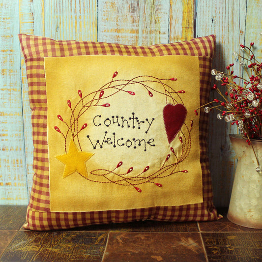 CVHOMEDECO. Primitives Country Welcome Embroidered Throw Pillow with Heart Star Berry Vine Farmhouse Accent. 16 x 16 Inch