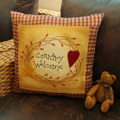 CVHOMEDECO. Primitives Country Welcome Embroidered Throw Pillow with Heart Star Berry Vine Farmhouse Accent. 16 x 16 Inch