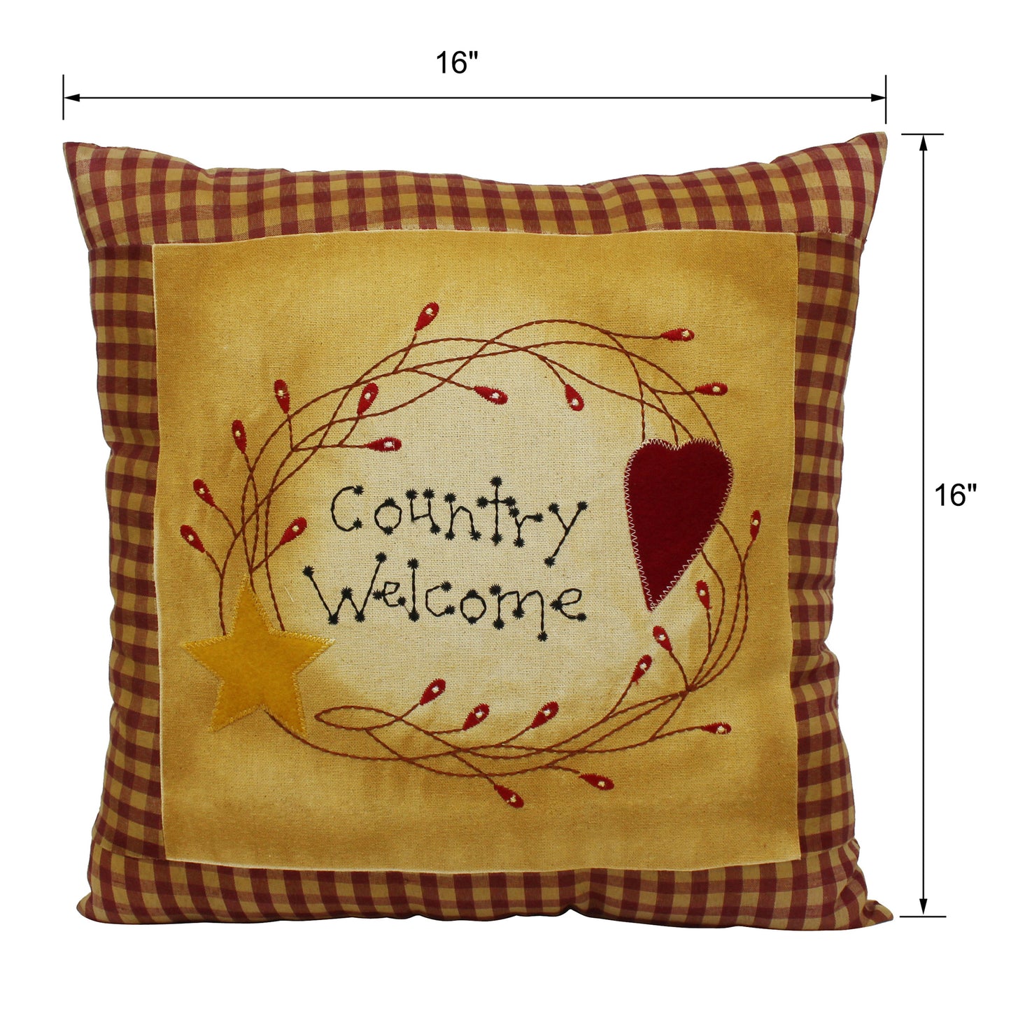 CVHOMEDECO. Primitives Country Welcome Embroidered Throw Pillow with Heart Star Berry Vine Farmhouse Accent. 16 x 16 Inch