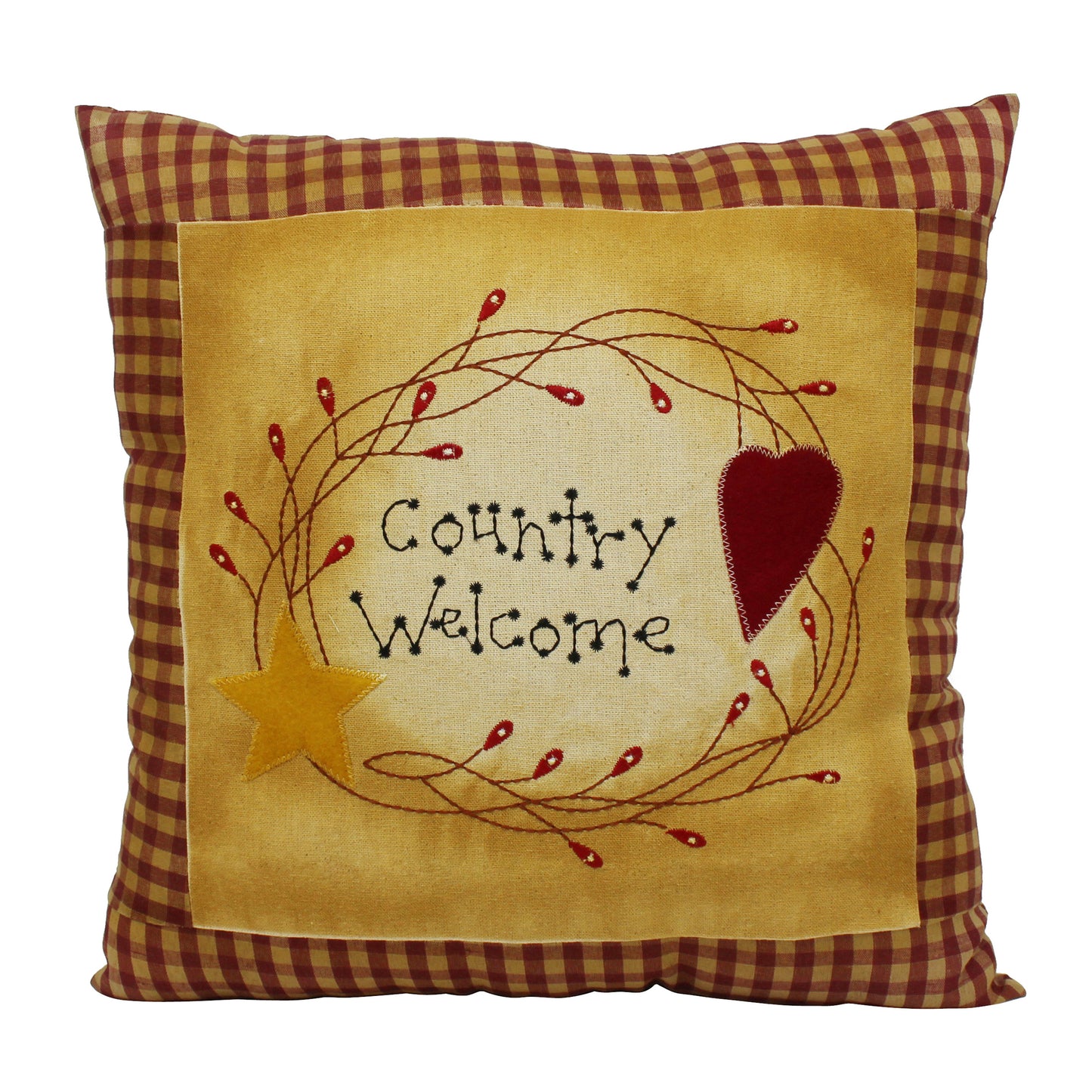 CVHOMEDECO. Primitives Country Welcome Embroidered Throw Pillow with Heart Star Berry Vine Farmhouse Accent. 16 x 16 Inch