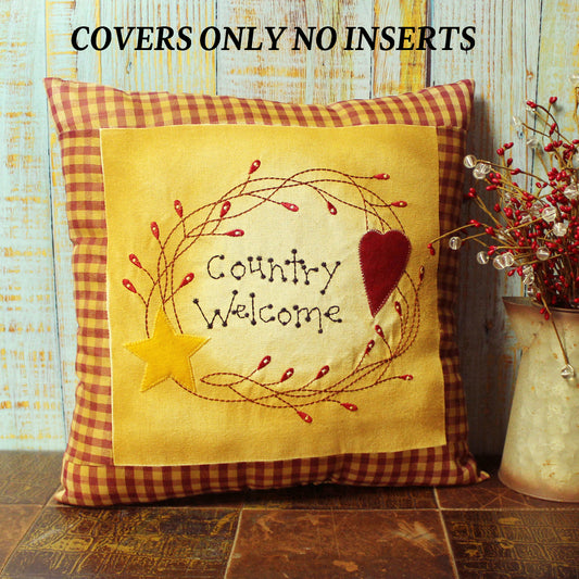 CVHOMEDECO. Primitives Country Welcome Embroidered Throw Pillow Covers Cushion Case for Couch Sofa Bed. 16 x 16 Inch. Insert Not Included