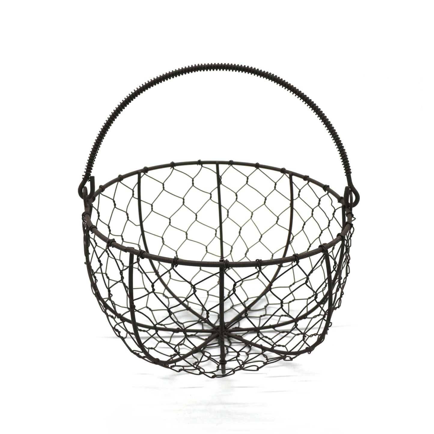 CVHOMEDECO. Round Metal Wire Egg Basket Wire Gathering Basket with Handle Country Vintage Style Storage Basket. Rusty, Dia. 8 X H 4.75 Inch