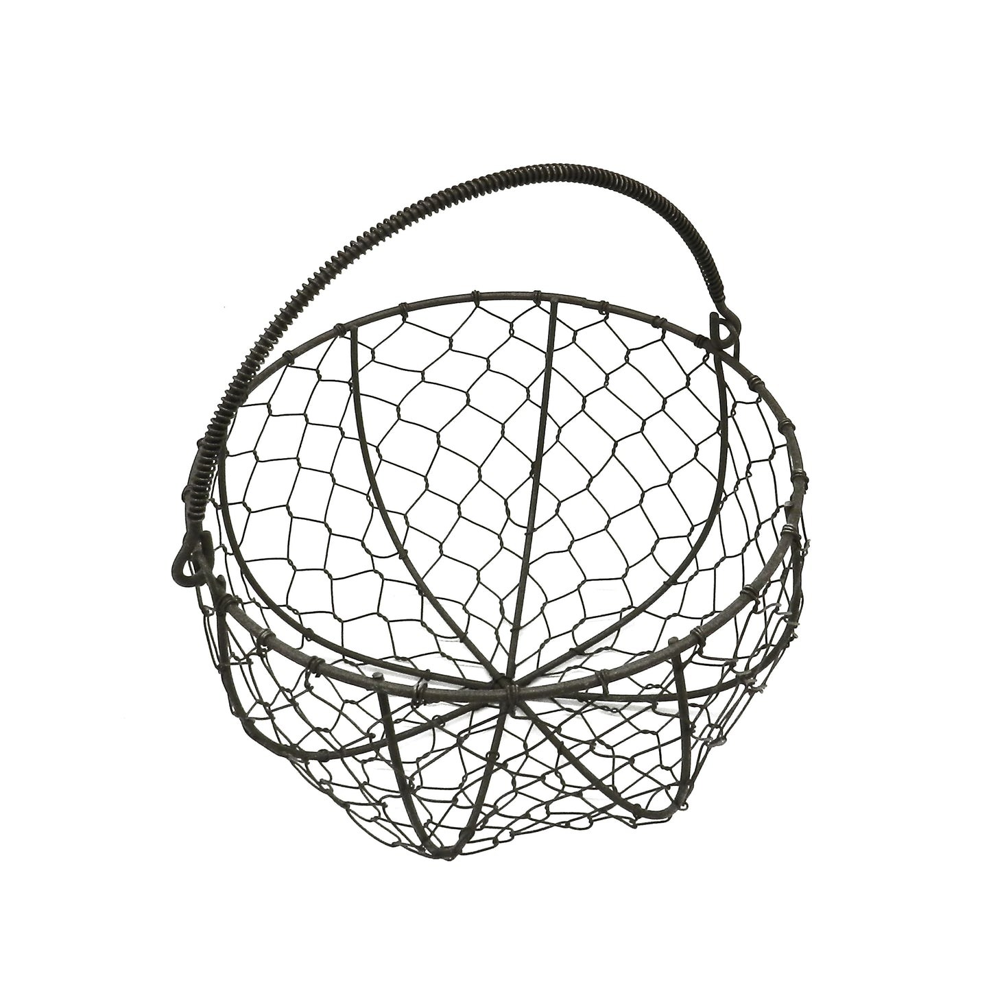 CVHOMEDECO. Round Metal Wire Egg Basket Wire Gathering Basket with Handle Country Vintage Style Storage Basket. Rusty, Dia. 8 X H 4.75 Inch