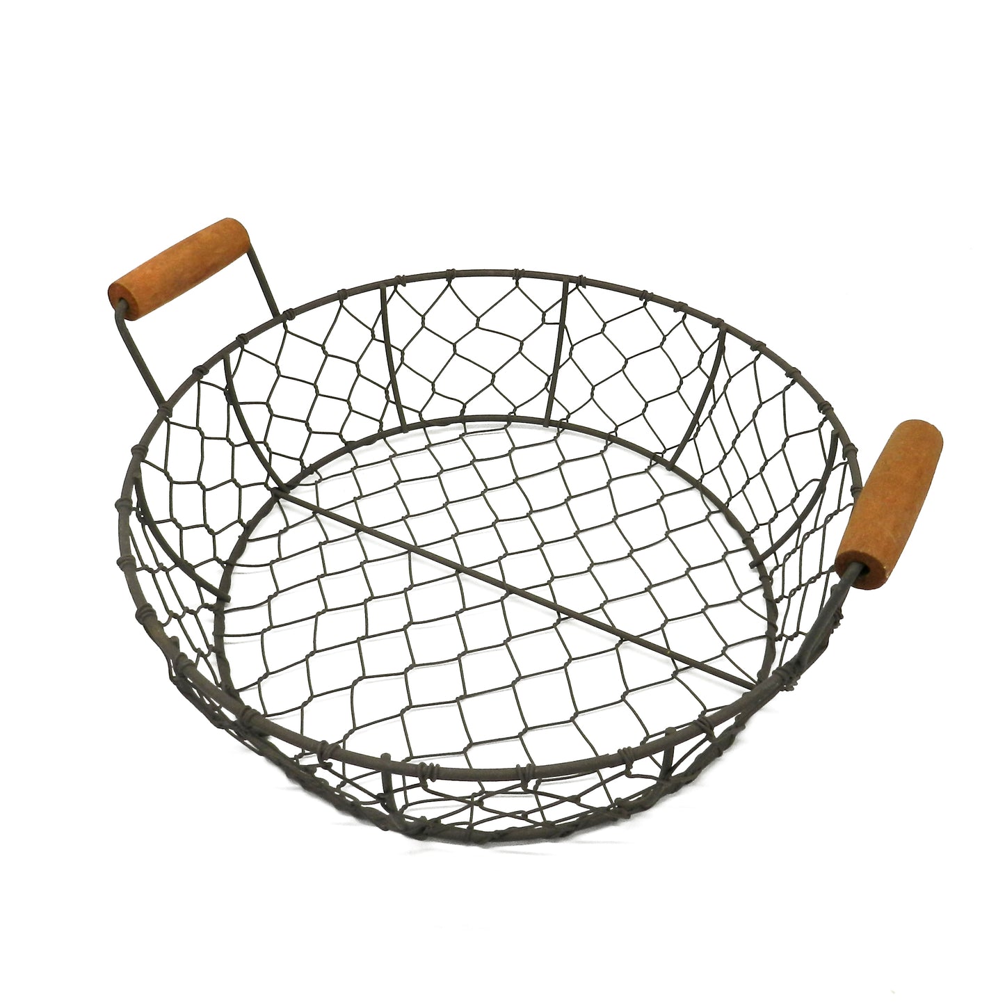 CVHOMEDECO. Round Metal Wire Fruit tray Chicken Wire Tray with Wooden Handle Country Vintage Style Serving Tray. Rusty, Dia. 11.75 X 3.13 Inch