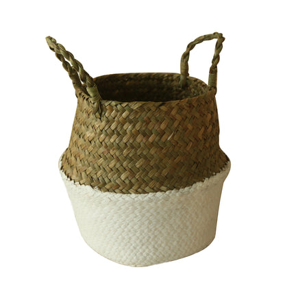 CVHOMEDECO. Seagrass Belly Basket with Handles Storage Basket Garden Plant Pot Collapsible Nursery, Natural/White, Dia. 9 X H 9 Inch