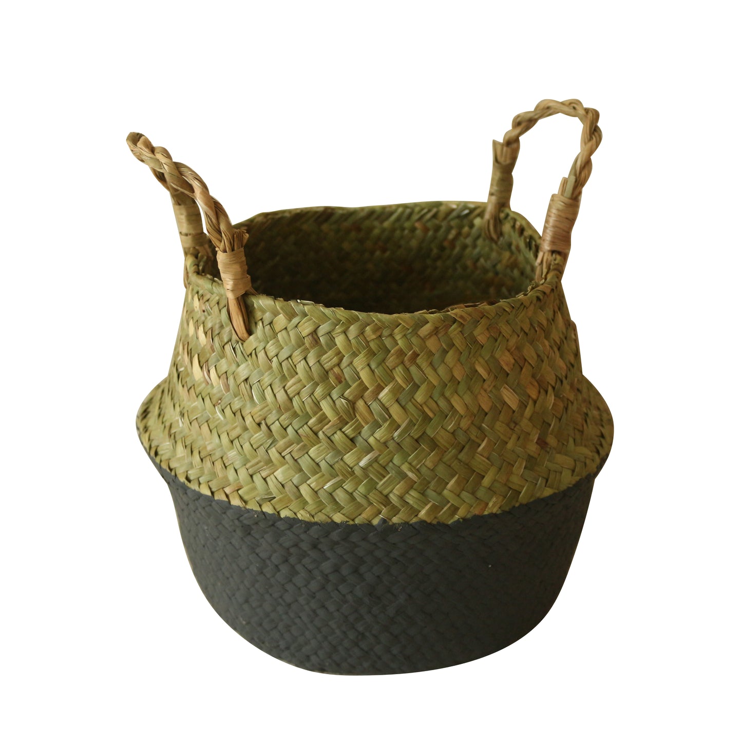 CVHOMEDECO. Seagrass Belly Basket with Handles Storage Basket Garden Plant Pot Collapsible Nursery, Natural/Dark Blue, Dia. 9 X H 9 Inch