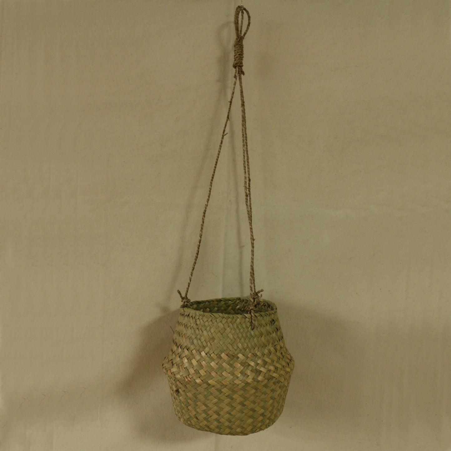 Round Hanging Basket, Hand-Woven Seagrass Belly Planter for Flowers and Plants, Indoor/Outdoor Décor, Dia. 8 X 9 Inch