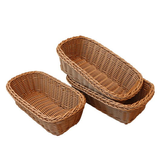 CVHOMEDECO. Rectangle Imitation Rattan Woven Cutlery Storage Organizer Fruit Basket Egg Basket Handmade Serving Basket for Kitchen Table, Cabinet, Pantry. Brown. Set of 3.