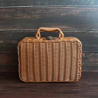 CVHOMEDECO. Vintage Imitation Rattan Mini Storage Case Travel Picnic Basket Tabletop Organizer Resin Wicker Suitcase Photo Props Box. Light Brown. 10.25 X 4.5 X 7 Inch