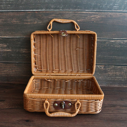 CVHOMEDECO. Vintage Imitation Rattan Mini Storage Case Travel Picnic Basket Tabletop Organizer Resin Wicker Suitcase Photo Props Box. Light Brown. 10.25 X 4.5 X 7 Inch