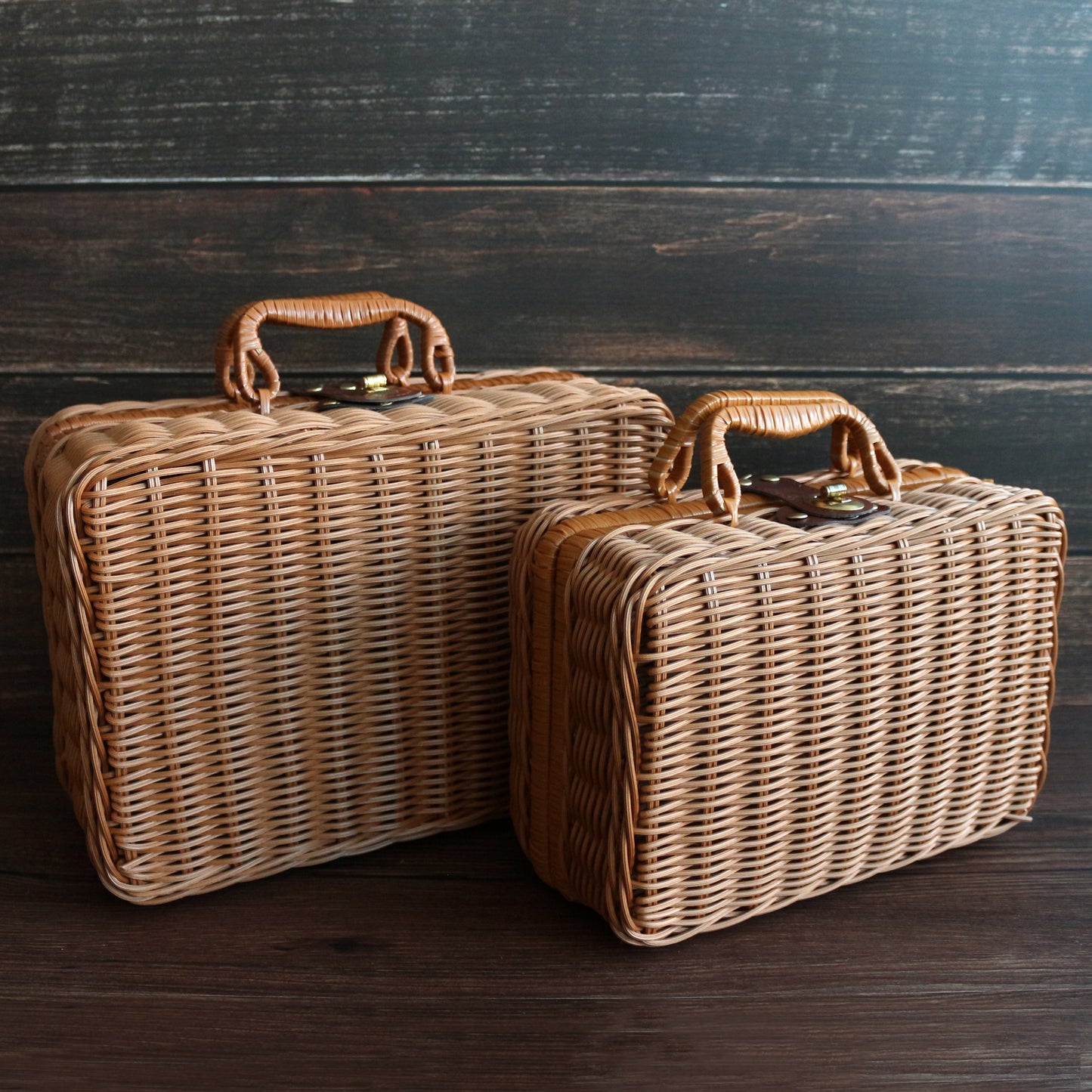CVHOMEDECO. Vintage Imitation Rattan Mini Storage Case Travel Picnic Basket Tabletop Organizer Resin Wicker Suitcase Photo Props Box. Light Brown. 10.25 X 4.5 X 7 Inch