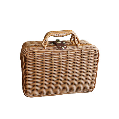 CVHOMEDECO. Vintage Imitation Rattan Mini Storage Case Travel Picnic Basket Tabletop Organizer Resin Wicker Suitcase Photo Props Box. Light Brown. 10.25 X 4.5 X 7 Inch