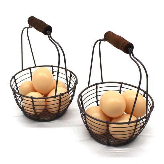 CVHOMEDECO. Metal Wire Mini Egg Baskets Rust Gathering Baskets with Wooden Handle Country Vintage Style Storage Baskets. Set of 2