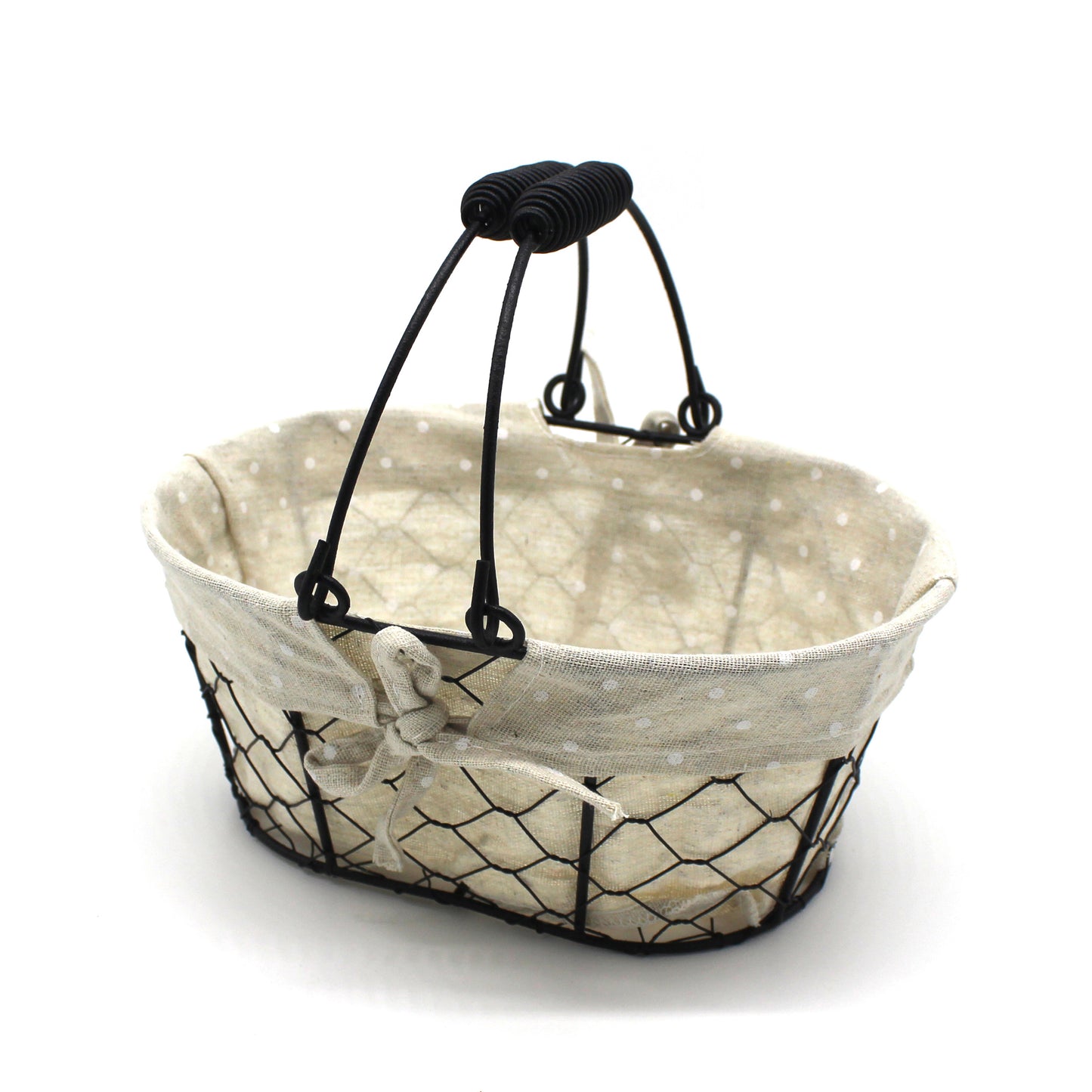 CVHOMEDECO. Oval Chicken Wire Fruit Basket Rustic Bread Basket with Swimming Handle and Fabric Liner. Matt Black, 9.75 X 7.25 X 4.25 Inch