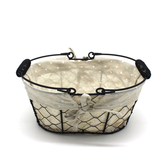 CVHOMEDECO. Oval Chicken Wire Fruit Basket Rustic Bread Basket with Swimming Handle and Fabric Liner. Matt Black, 9.75 X 7.25 X 4.25 Inch