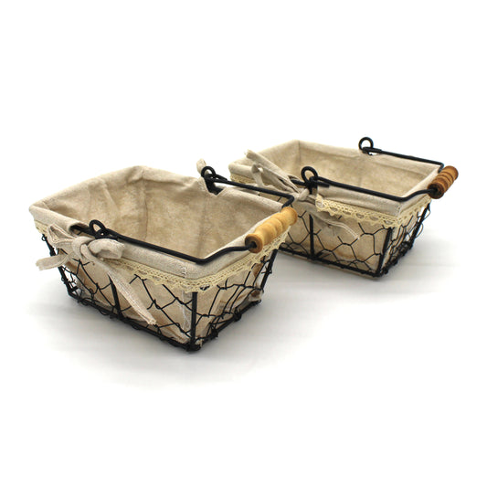 CVHOMEDECO. Primitives Country Chicken Wire Small Gift Baskets Gathering Baskets with Wooden Handle and Fabric Liner. Set of 2