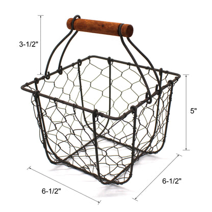 CVHOMEDECO. Square Chicken Wire Egg Basket Fruit Basket with Wooden Handle Primitives Vintage Gathering Basket. Rusty