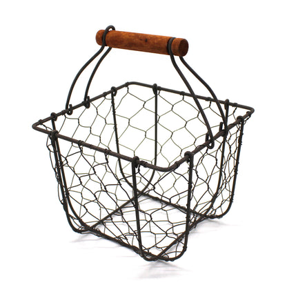 CVHOMEDECO. Square Chicken Wire Egg Basket Fruit Basket with Wooden Handle Primitives Vintage Gathering Basket. Rusty