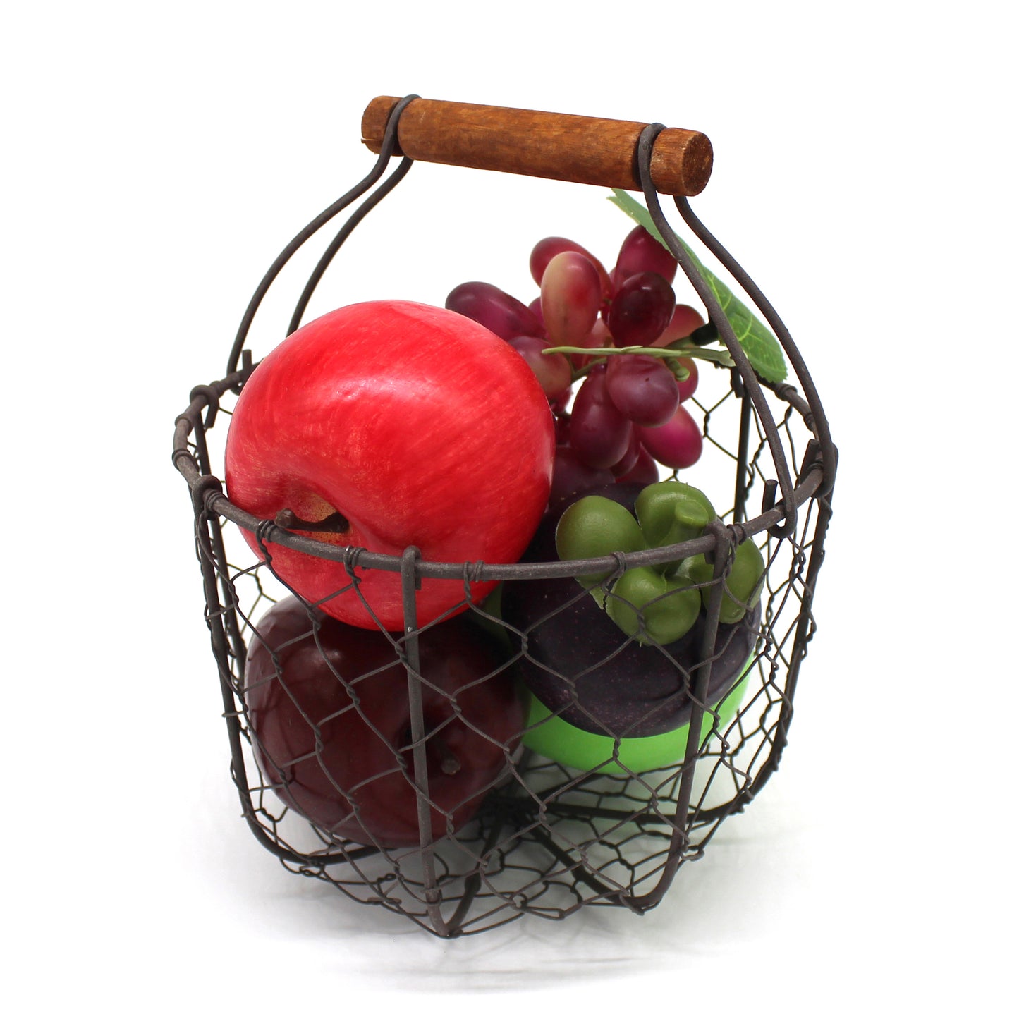 CVHOMEDECO. Round Chicken Wire Egg Basket Fruit Basket with Wooden Handle Primitives Vintage Gathering Basket. Rusty