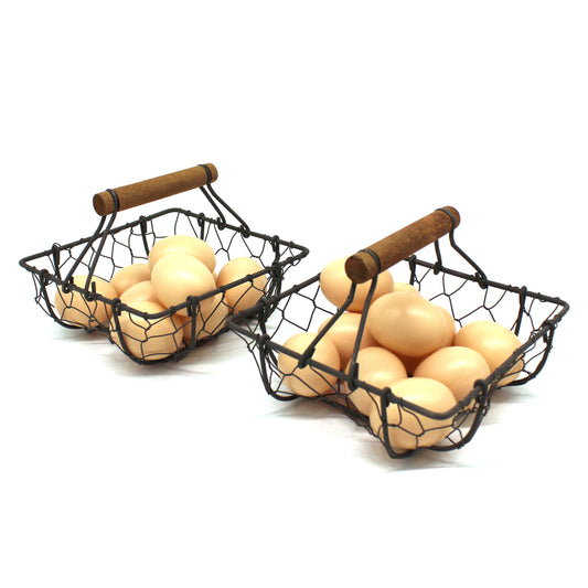 CVHOMEDECO. Square Chicken Wire Egg Baskets Rust Gathering Baskets with Wooden Handle Country Vintage Style Storage Baskets. Set of 2