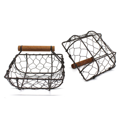 CVHOMEDECO. Square Chicken Wire Egg Baskets Rust Gathering Baskets with Wooden Handle Country Vintage Style Storage Baskets. Set of 2