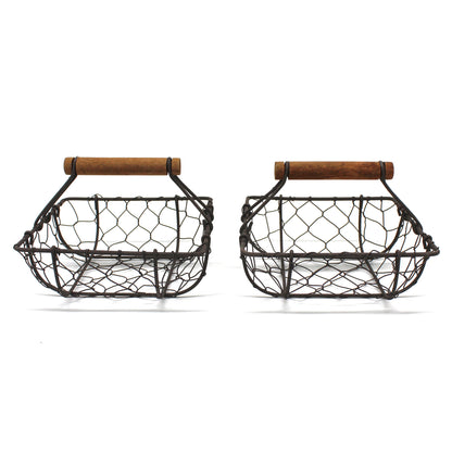 CVHOMEDECO. Square Chicken Wire Egg Baskets Rust Gathering Baskets with Wooden Handle Country Vintage Style Storage Baskets. Set of 2