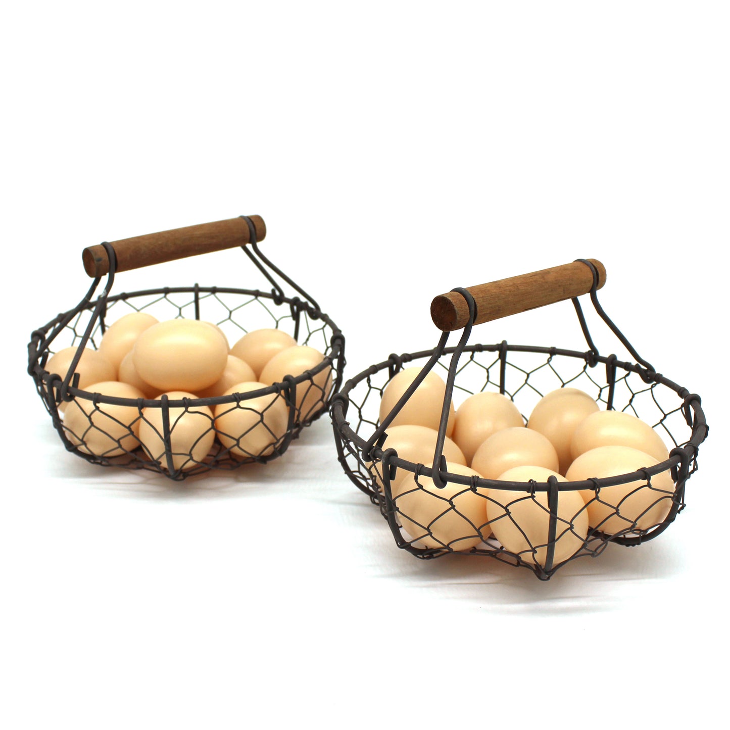 CVHOMEDECO. Round Chicken Wire Egg Baskets Rust Gathering Baskets with Wooden Handle Country Vintage Style Storage Baskets. Set of 2