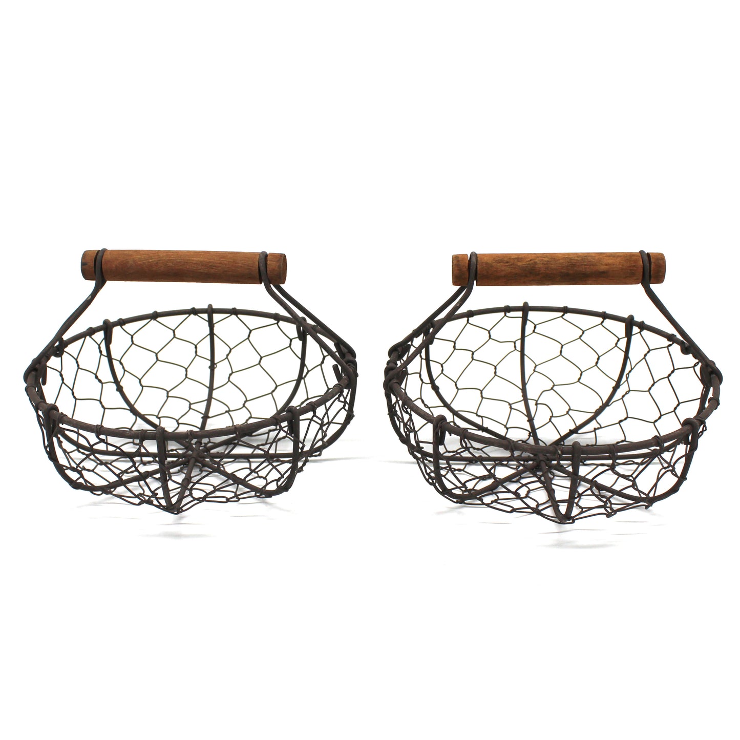 CVHOMEDECO. Round Chicken Wire Egg Baskets Rust Gathering Baskets with Wooden Handle Country Vintage Style Storage Baskets. Set of 2