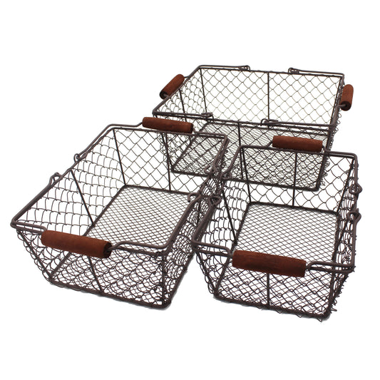 CVHOMEDECO. Primitive Chicken Wire Gathering Baskets with Wood Handle Rectangular  Farmhouse Storage Baskets Set, Rusty, Set of 3