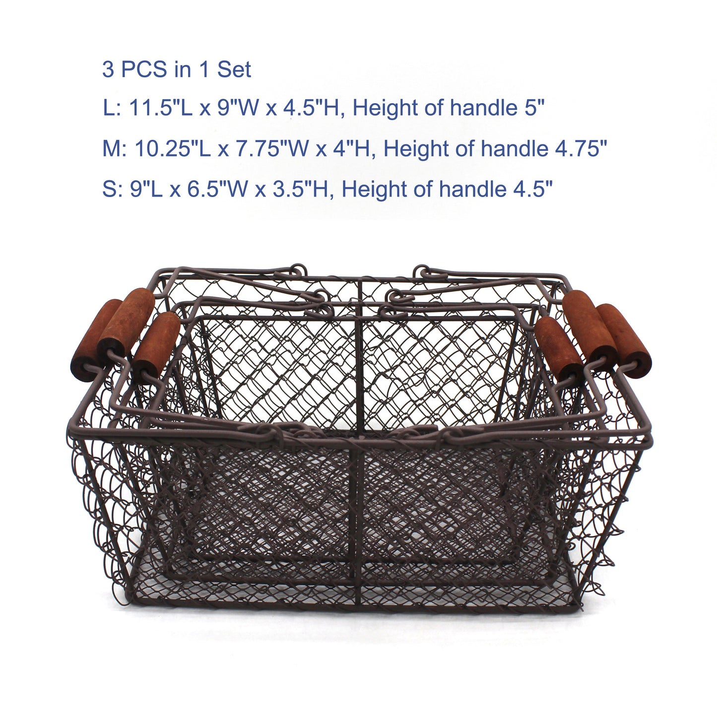 CVHOMEDECO. Primitive Chicken Wire Gathering Baskets with Wood Handle Rectangular  Farmhouse Storage Baskets Set, Rusty, Set of 3