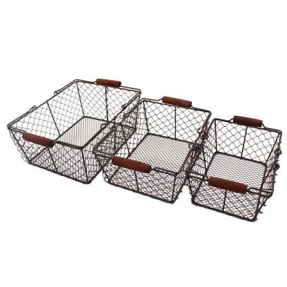 CVHOMEDECO. Primitive Chicken Wire Gathering Baskets with Wood Handle Rectangular  Farmhouse Storage Baskets Set, Rusty, Set of 3