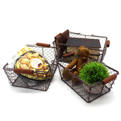 CVHOMEDECO. Primitive Chicken Wire Gathering Baskets with Wood Handle Rectangular  Farmhouse Storage Baskets Set, Rusty, Set of 3