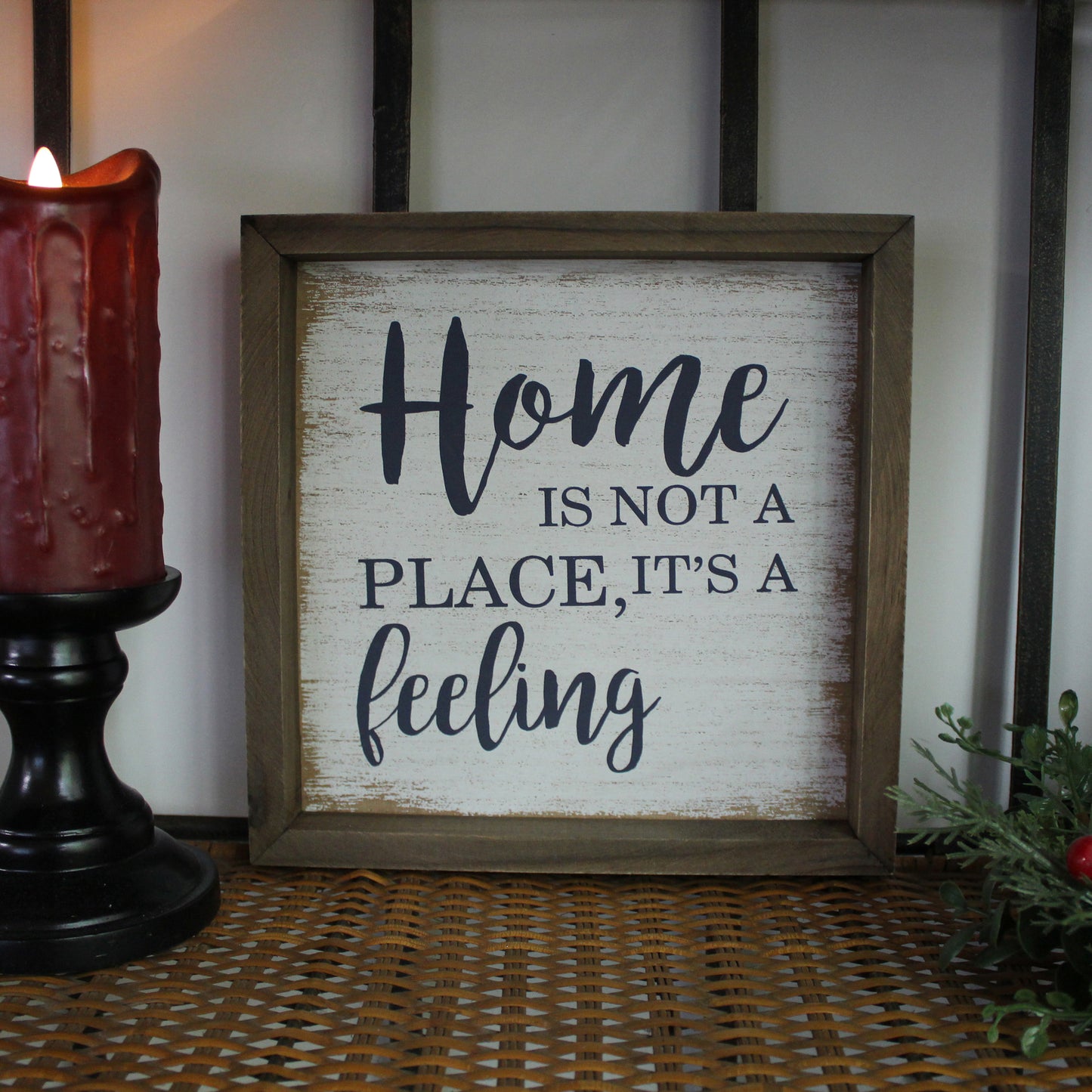 CVHOMEDECO. Rustic Distressed "Home is not a place, it’s a feeling" Shadow Box Frame Wall Mounted Hanging Decor Art, 9.75 x 9.75 Inch